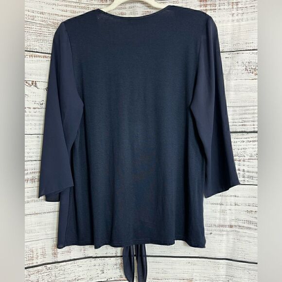 Lola & Sophie Blouse Womens Size Small V Neck tie front Polly Chiffon Navy Blue - Picture 4 of 10